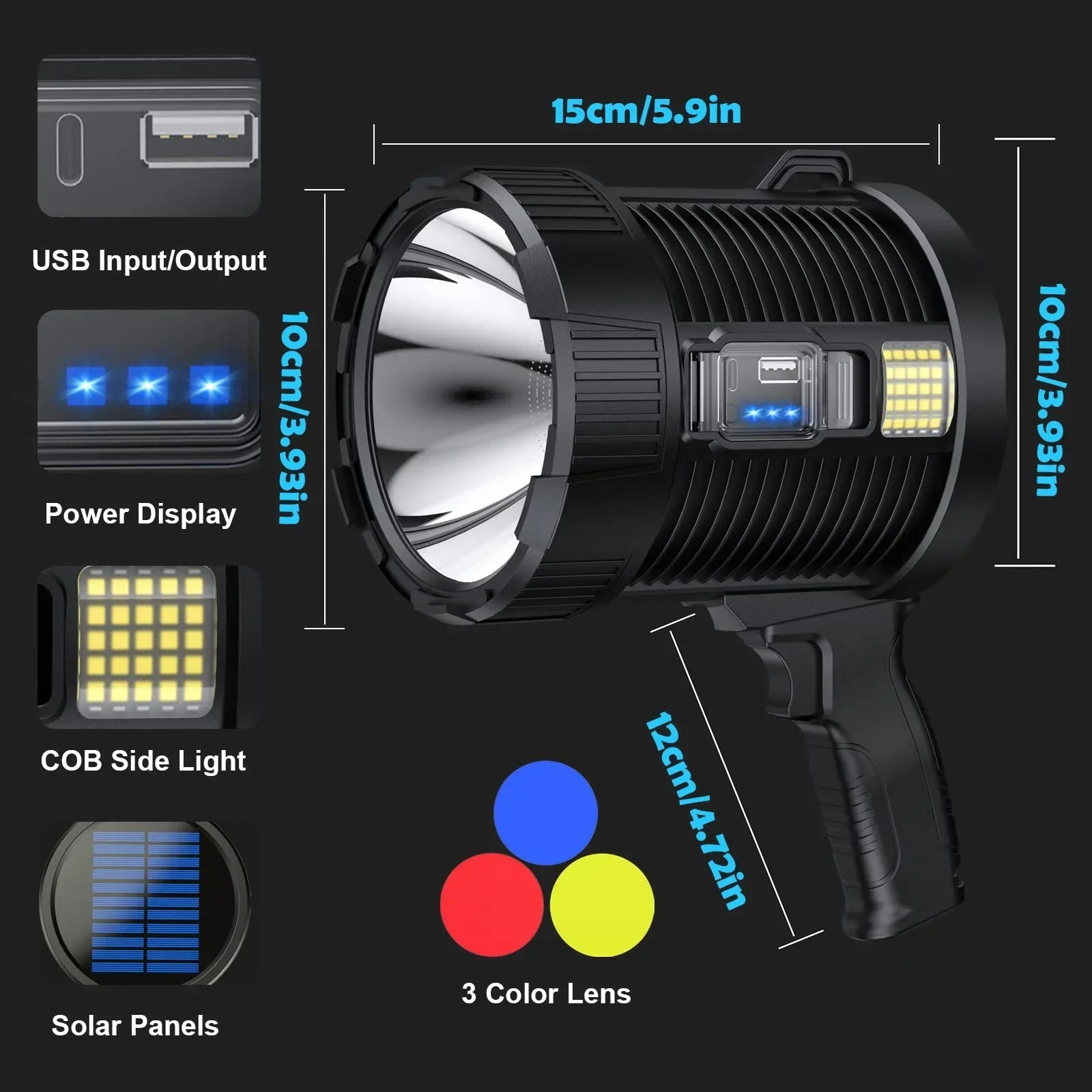 Handheld Spotlight LuminexPro 900K | 900,000 Lumens | 10000 mAh Battery | Solar & USB Charging Function | IPX5 Waterproof