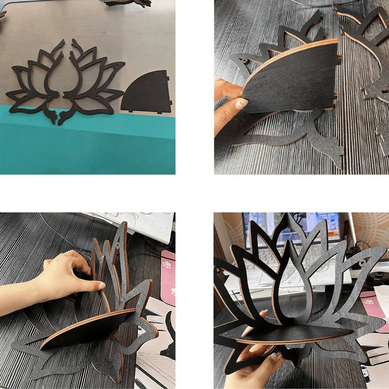 Holumina Boho Corner Shelf Made of Wood | Lotus Design with Hollow Cut | For Crystals & Decor | Black
