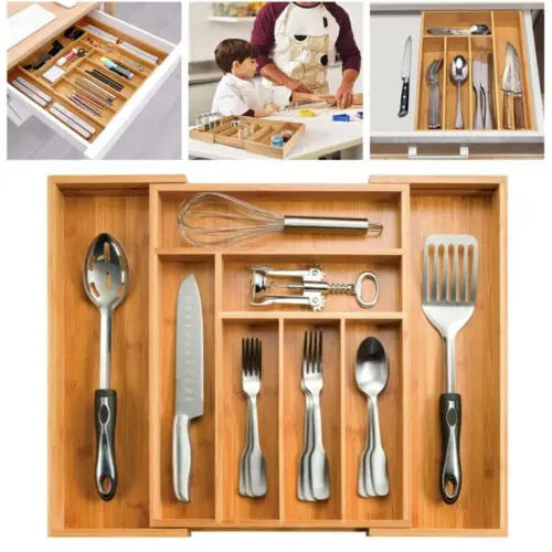 Bambusio Bamboo Cutlery Tray | Extensible 32–52 cm | 6–8 Compartments | Sustainable Drawer Organizer for Kitchen, Bathroom & Office