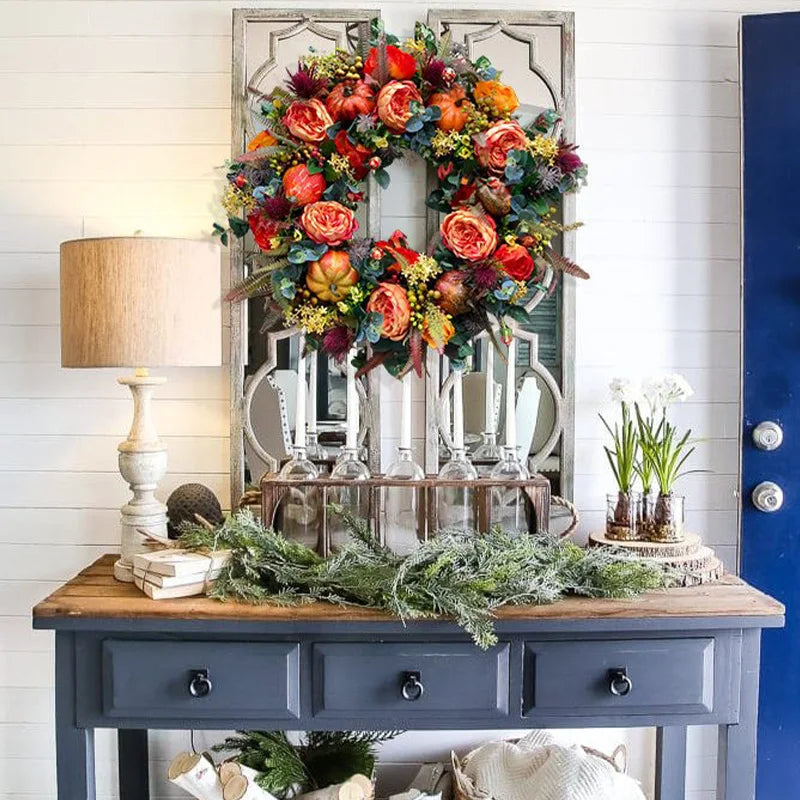 Autumna Charm Autumn Door Wreath | Pumpkin & Rattan | 40 cm | Handmade Decor for Fall & Thanksgiving