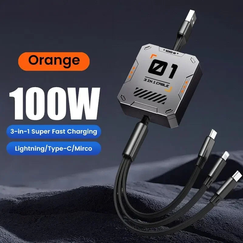 3-in-1 Charging Cable | 100W Fast Charging | Extendable & Universal | FlexiCharge for iPhone, Android & USB-C