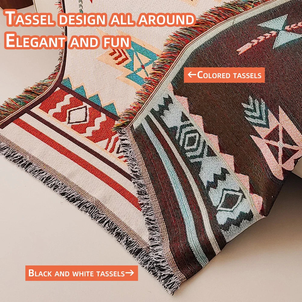 AztecaLoom Boho Blanket | XXL Aztec Plaid with Fringes | Southwestern Ethnic Style | Vintage Cotton Blend Throw Blanket