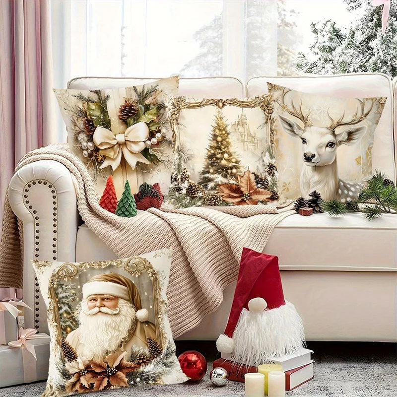 GoldenVintage Cushion Covers Set of 4 | Christmas Design with Santa, Reindeer & Bow | Sofa Decor & Living Room | 45×45 cm