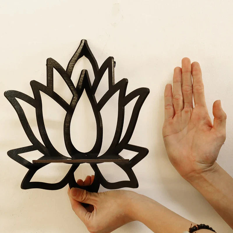 Holumina Boho Corner Shelf Made of Wood | Lotus Design with Hollow Cut | For Crystals & Decor | Black
