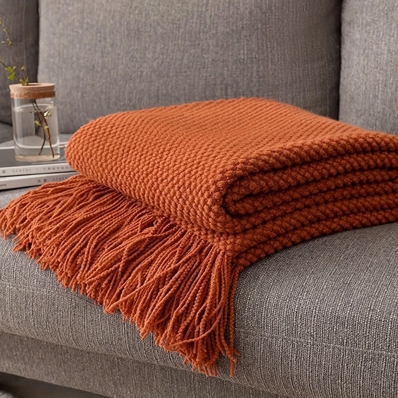 Aurelia Cozy Tassel Knit Blanket in Morandi Orange | Soft & Warm | 3 Sizes | For Sofa, Bed & Travel