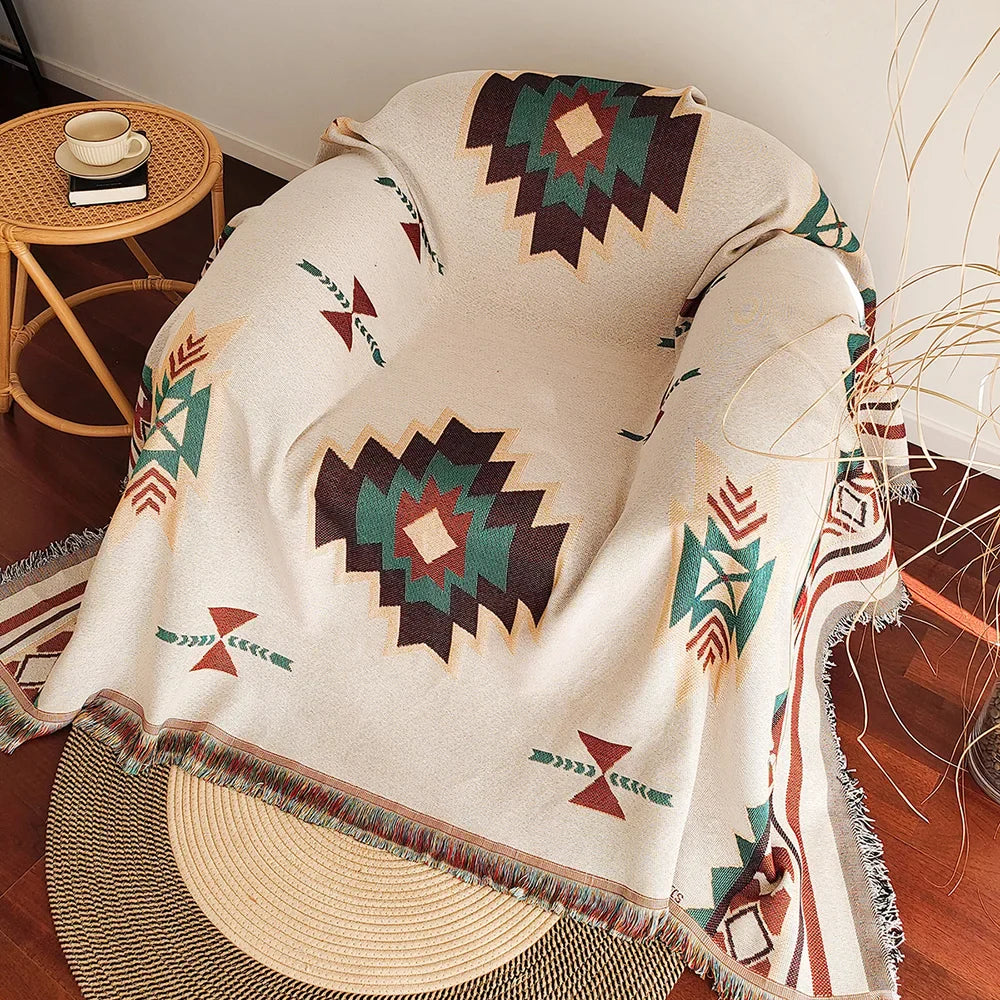 AztecaLoom Boho Blanket | XXL Aztec Plaid with Fringes | Southwestern Ethno Style | Vintage Cotton Blend Throw Blanket
