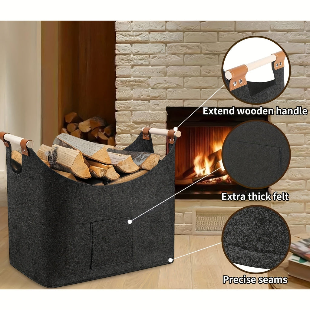 Felt Firewood Basket FELDURA | Foldable | 55L Volume | With Wooden Handles & Leather Details | Dark Grey