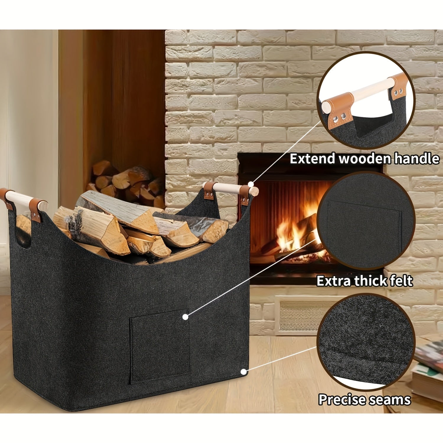 Felt Firewood Basket FELDURA | Foldable | 55L Volume | With Wooden Handles & Leather Details | Dark Grey