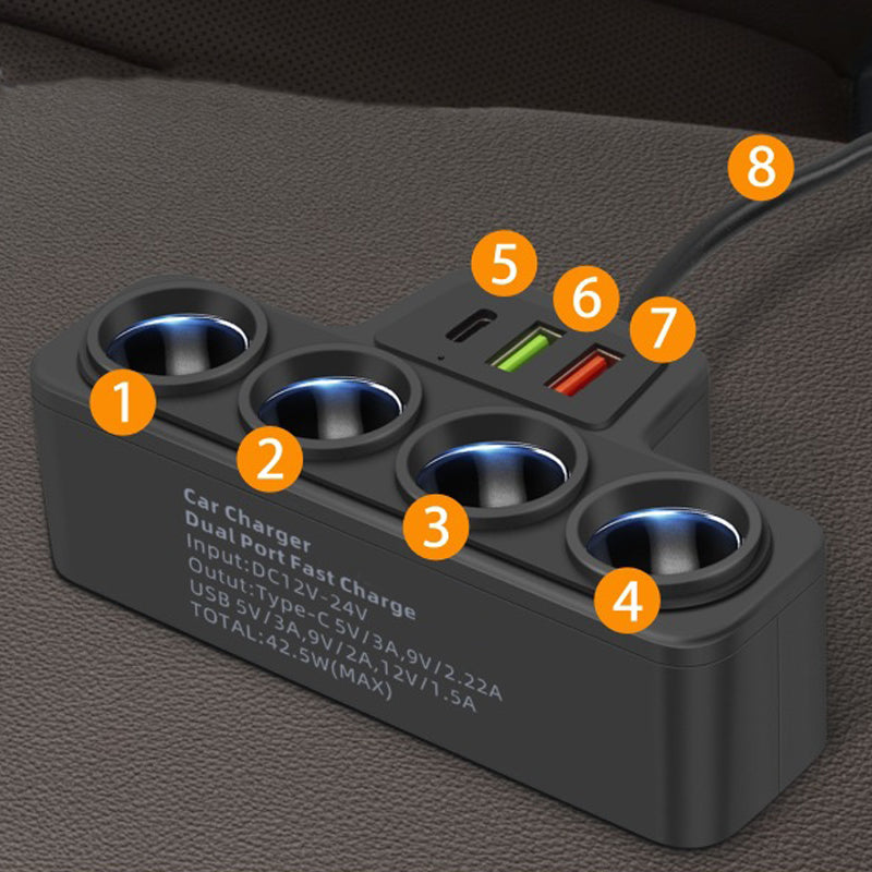 ChargePilot | 7-in-1 KFZ-Ladeadapter | 4 Zigarettenanzünder-Anschlüsse & 3 USB-Ports | Schnellladefunktion für Auto und Wohnmobil