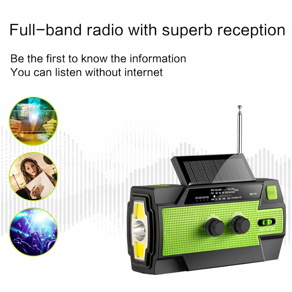 Notfallradio mit Solarbetrieb | Handkurbel & LED-Taschenlampe | USB-Ladefunktion