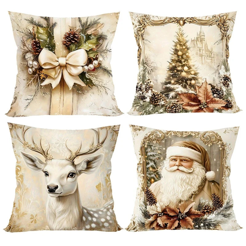 GoldenVintage Cushion Covers Set of 4 | Christmas Design with Santa, Reindeer & Bow | Sofa Decor & Living Room | 45×45 cm