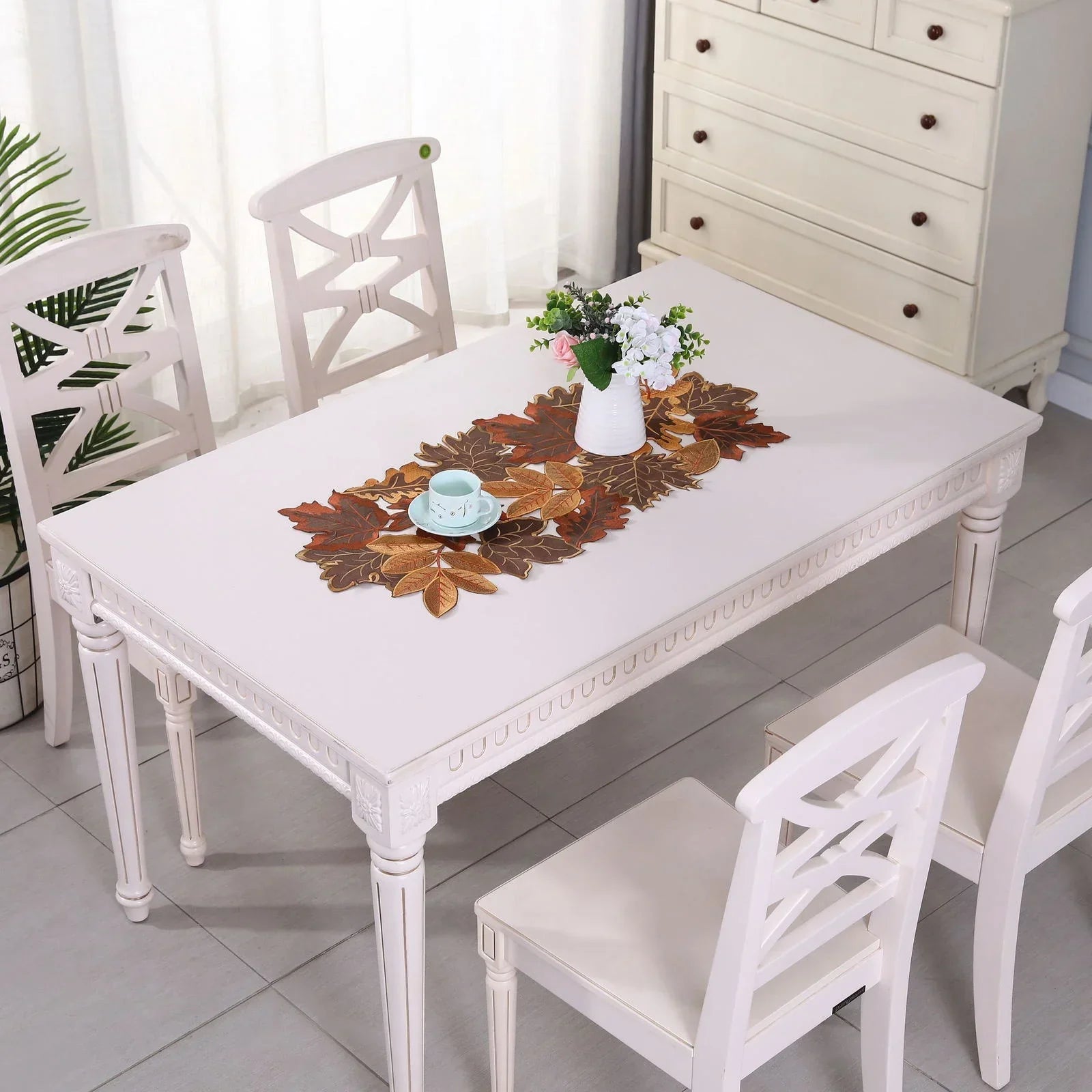 HarvestLeaf Table Runner | Embroidered Maple Leaf Design | Autumn Decor in Country House Style