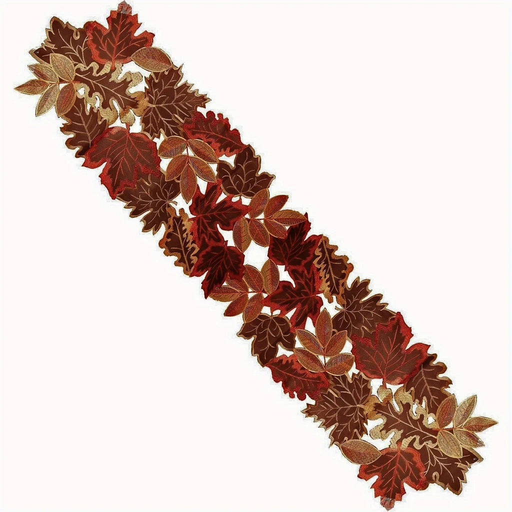 HarvestLeaf Table Runner | Embroidered Maple Leaf Design | Autumn Decor in Country House Style
