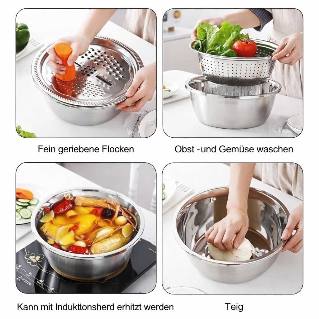EdelSieb Küchenset | Edelstahl | 3-teiliges Sieb-, Schüssel- & Abtropfset