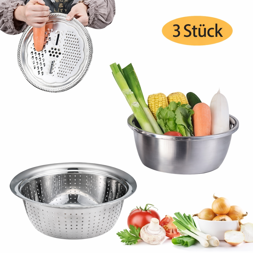 EdelSieb Küchenset | Edelstahl | 3-teiliges Sieb-, Schüssel- & Abtropfset