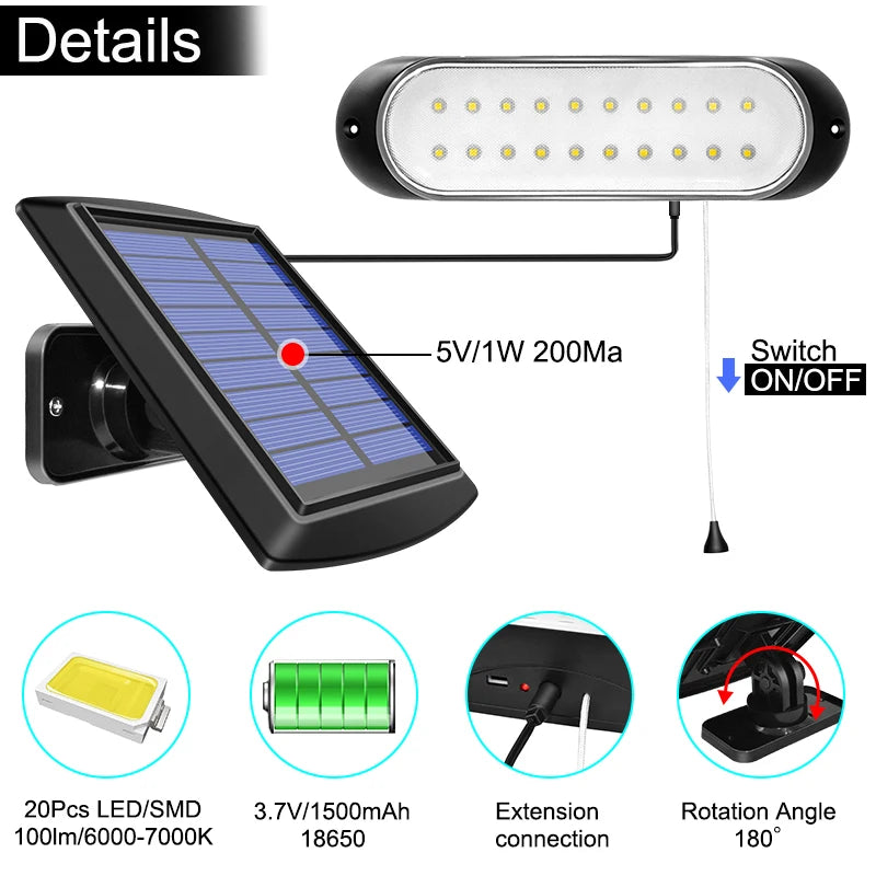 SunGlow 20-LED Solarleuchte | Trennbar | 5 m Kabel | IP44 Wasserdicht | Pull-Schalter | Garten, Haus, Terrasse & Zimmer