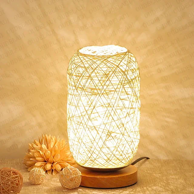 HolzLuma LED Table Lamp | Handcrafted from Wood & Rope | Warm White Light | For Bedroom & Living Room
