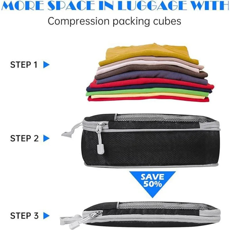 PackEase Koffer Organizer Set 5er | Kompressions Packwürfel mit Schuhbeutel | Leicht & Platzsparend