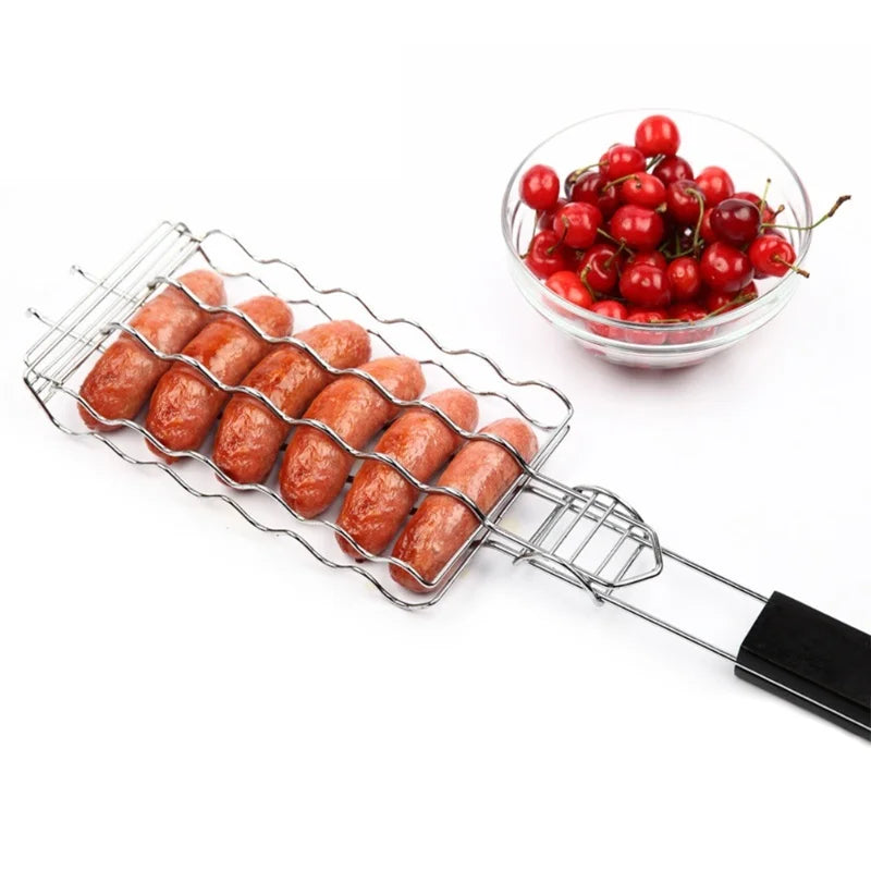 Flammgusto Hotdog Grillkorb für 6 Würstchen | Edelstahl Grillkorb mit Holzgriff | BBQ Grillzubehör 55,5 cm
