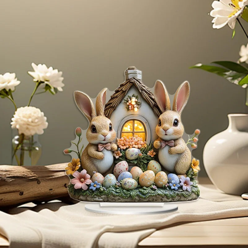 FrühlingsNest Osterhasen Ornament | Hasenhaus Szene | Flache Acryl Tischdekoration für Zuhause Büro Garten