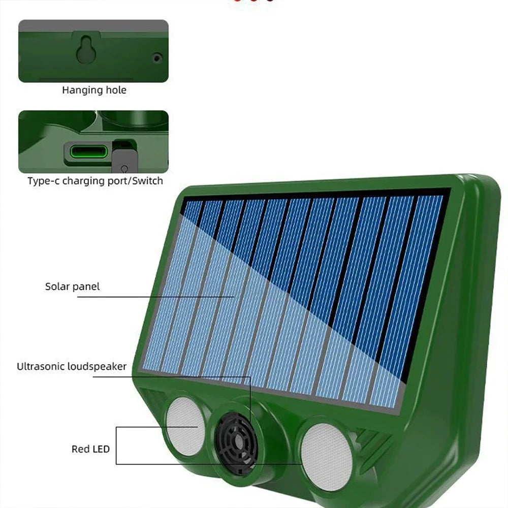 SonicFence Solar | Solar Ultraschall-Tiervertreiber mit LED-Blitzlicht | IP66 Wasserdichter Tierabwehrer für Garten, Obstgarten & Gewächshaus