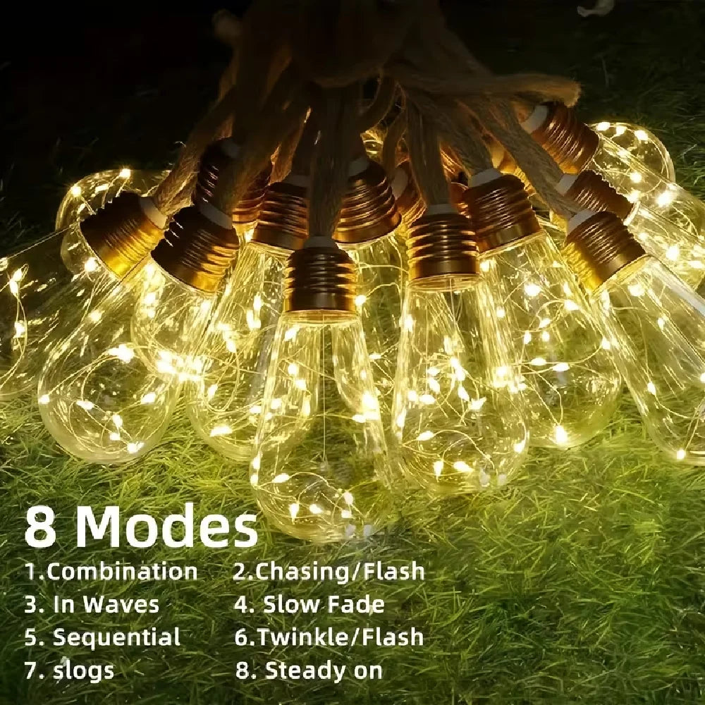 LumiHemp | Solar-Lichterkette mit Hanfseil | Wasserdichte Vintage-LED-Gartenbeleuchtung mit 8 Leuchtmodi