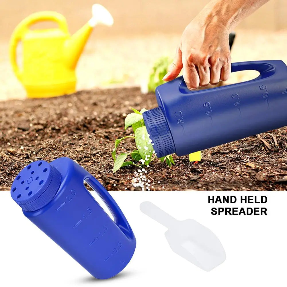 Growvia | Saatgut- & Düngerstreuer 2 L | Verstellbarer Handspender | Präziser Streubehälter für Garten und Rasen
