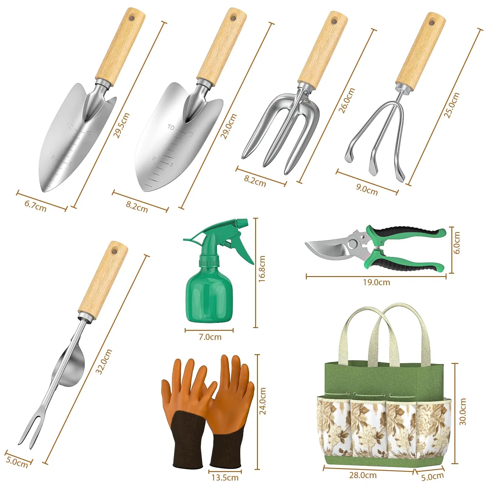 Grünheim Gartenwerkzeug Set 9-teilig | Edelstahl | Holzgriff | mit Aufbewahrungstasche