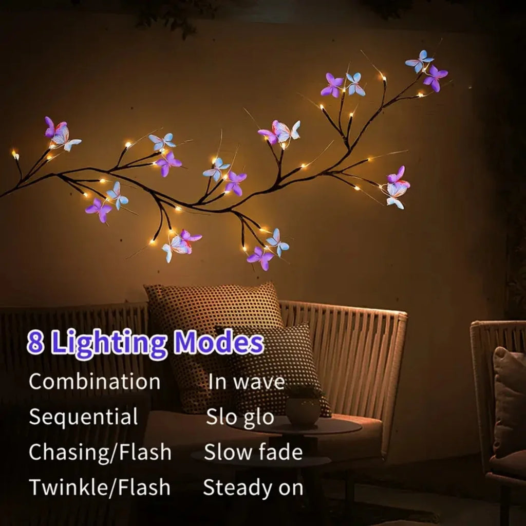 Lumivana | LED-Weidenranken-Lichterkette mit Schmetterlingen | 30 LEDs & 8 Leuchtmodi | USB-betrieben