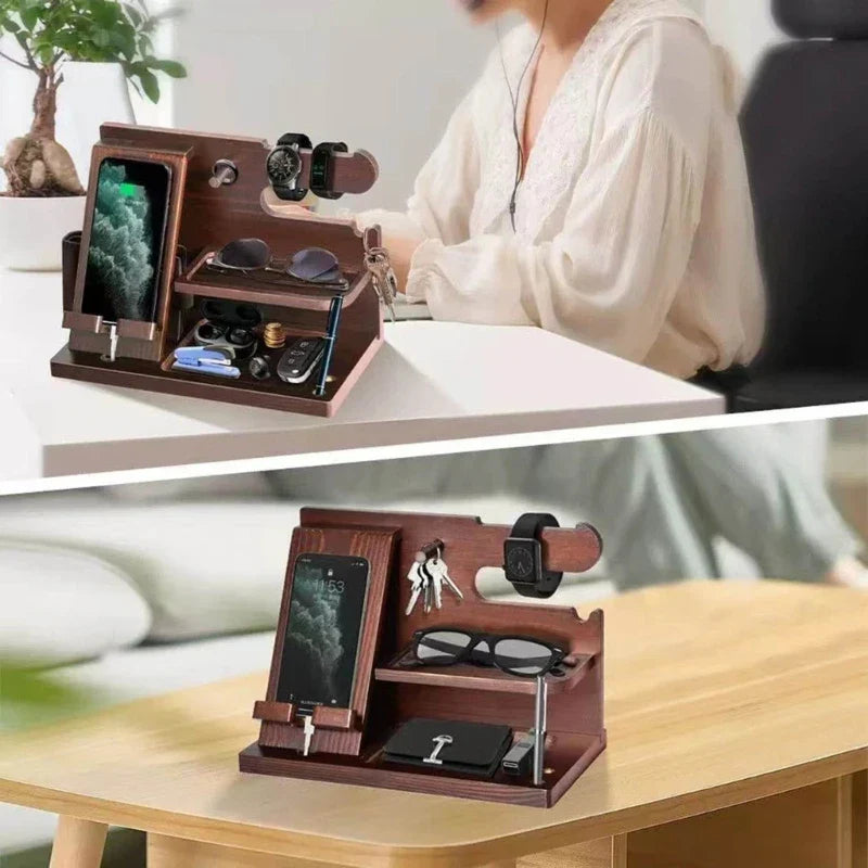 WoodVault | Nachttisch-Dockingstation aus Holz | Organizer für Smartphone, Schlüssel & Geldbörse | 27 × 15 × 19 cm