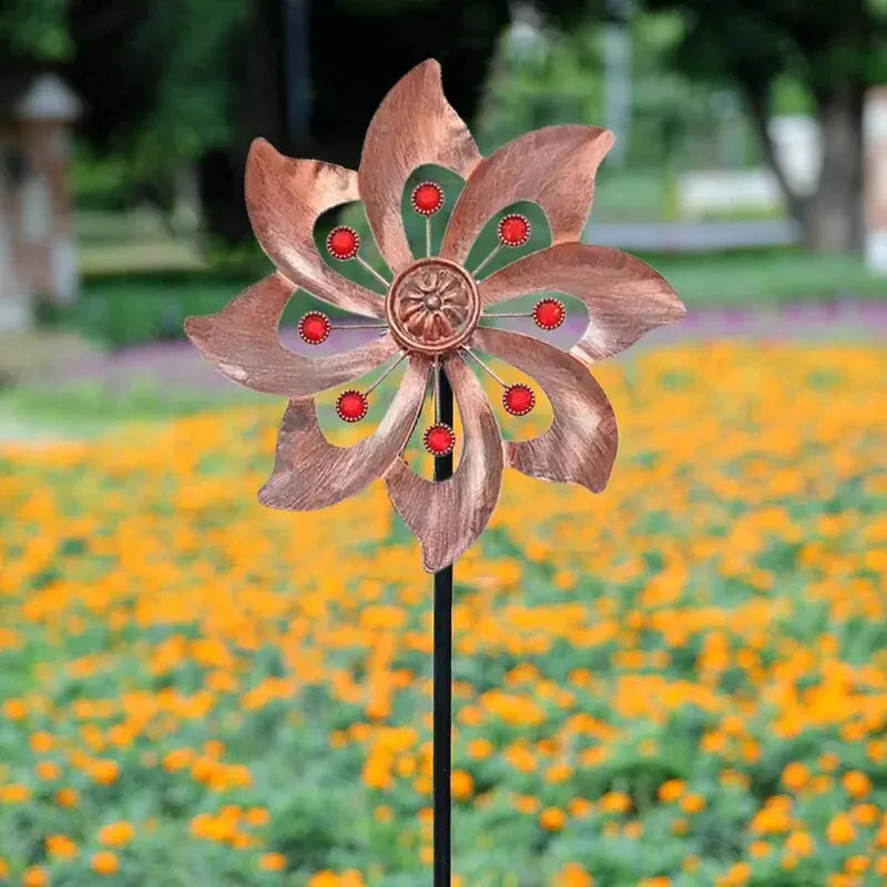 Ventoria | Windspiel mit Doppel-Windrad | Kinetische Gartenskulptur aus Metall | Wetterfeste Gartendekoration