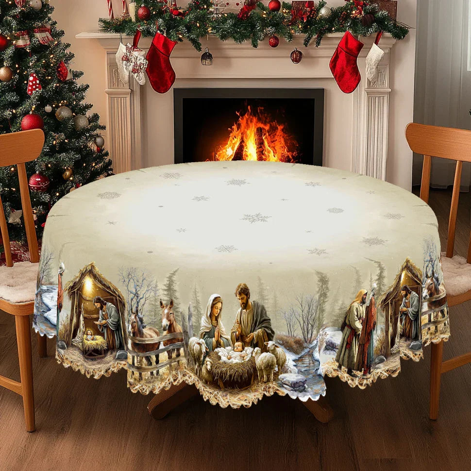 Celestiva | Christmas Tablecloth with Nativity Scene | Round & Rectangular | Festive Decoration for Indoor & Outdoor | Wipeable & Easy Care