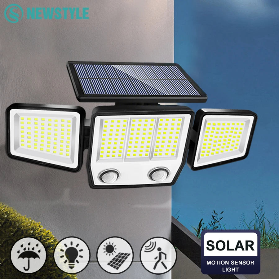 SolarGuard 3-Kopf Solar-Bewegungsmelderlicht | 236/223 LED | IP65 Wasserdicht | 3 Beleuchtungsmodi | Außenwand, Garten & Terrasse