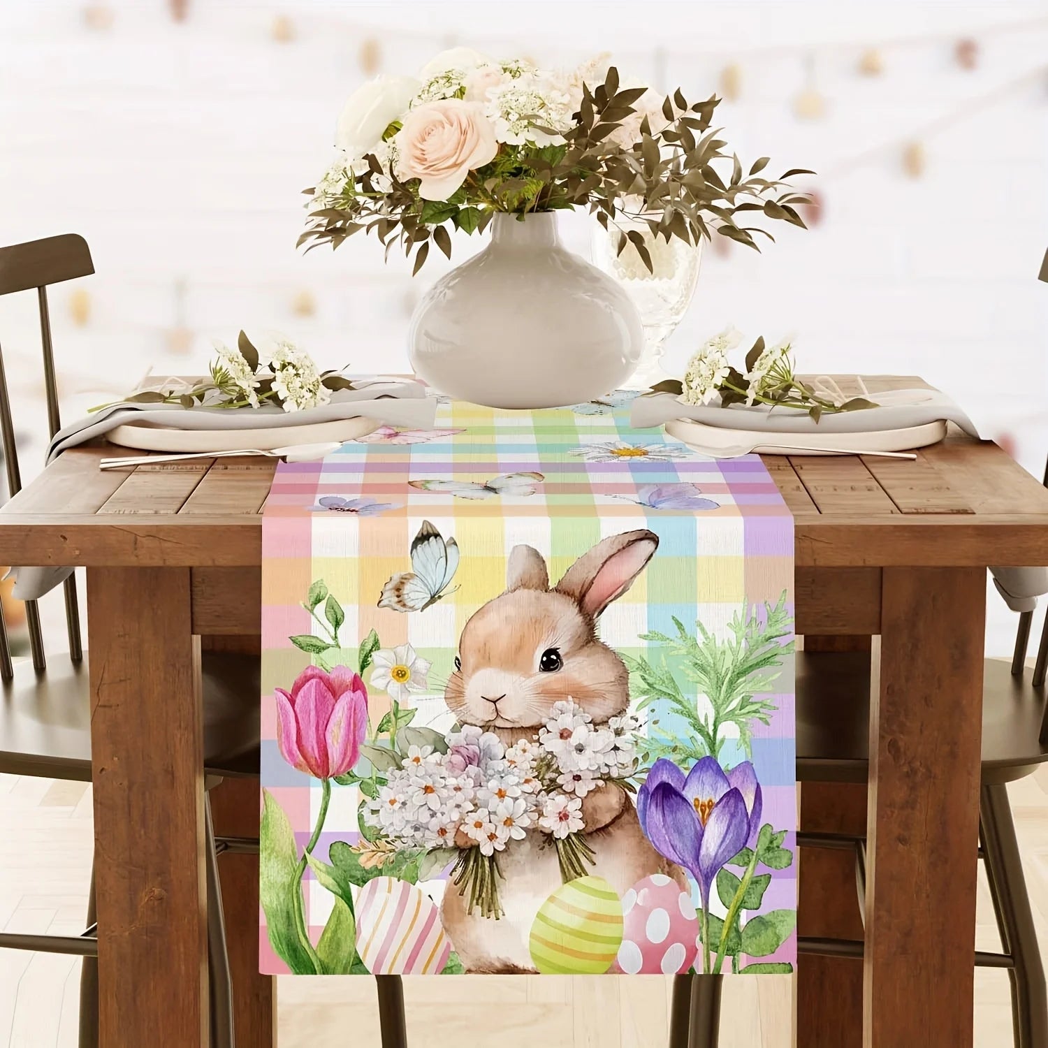 FrühlingsBlüte Tischläufer Osterhasen & Schmetterlinge | Leinenstoff | Frühlingsdeko 150x33–200x33 cm
