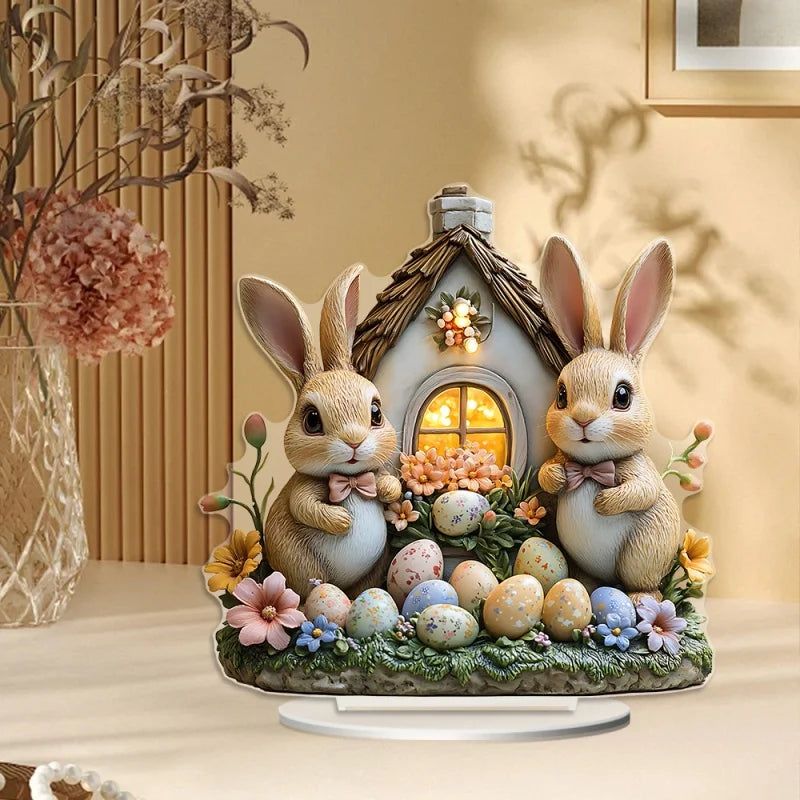 FrühlingsNest Osterhasen Ornament | Hasenhaus Szene | Flache Acryl Tischdekoration für Zuhause Büro Garten