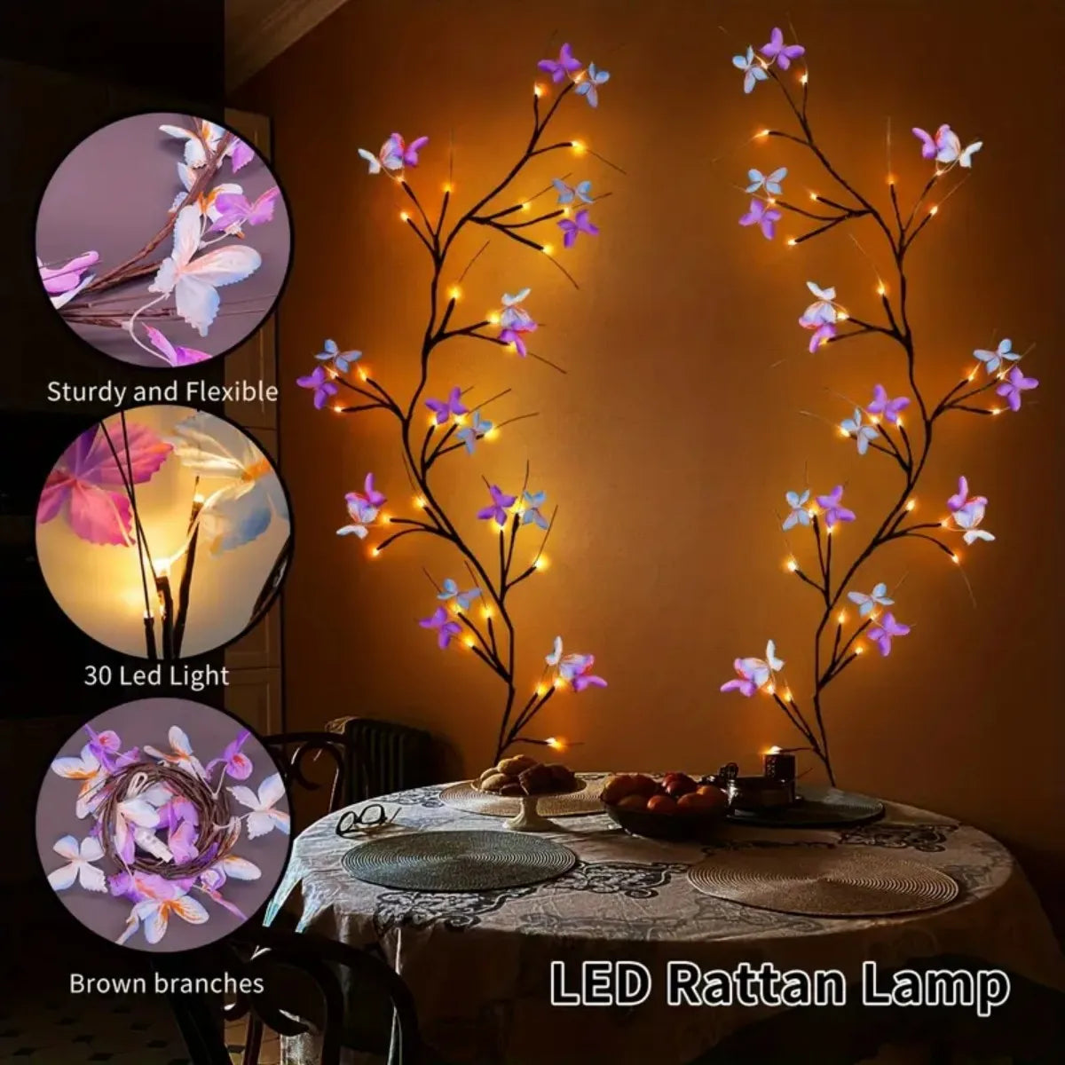 Lumivana | LED-Weidenranken-Lichterkette mit Schmetterlingen | 30 LEDs & 8 Leuchtmodi | USB-betrieben