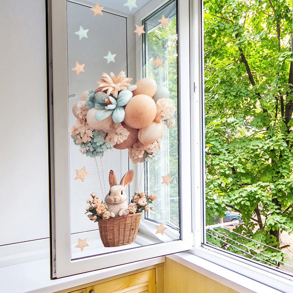 BallonHase Fenstersticker Heißluftballon | Cartoon Hase | Elektrostatik Dekoration für Glas & Türen