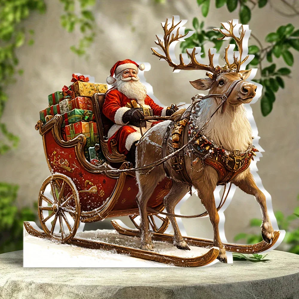 Frostovia | Christmas Figurine | Acrylic Decoration Reindeer Sleigh with Santa Claus | 2D Design | Festive Table & Party Decoration 2025