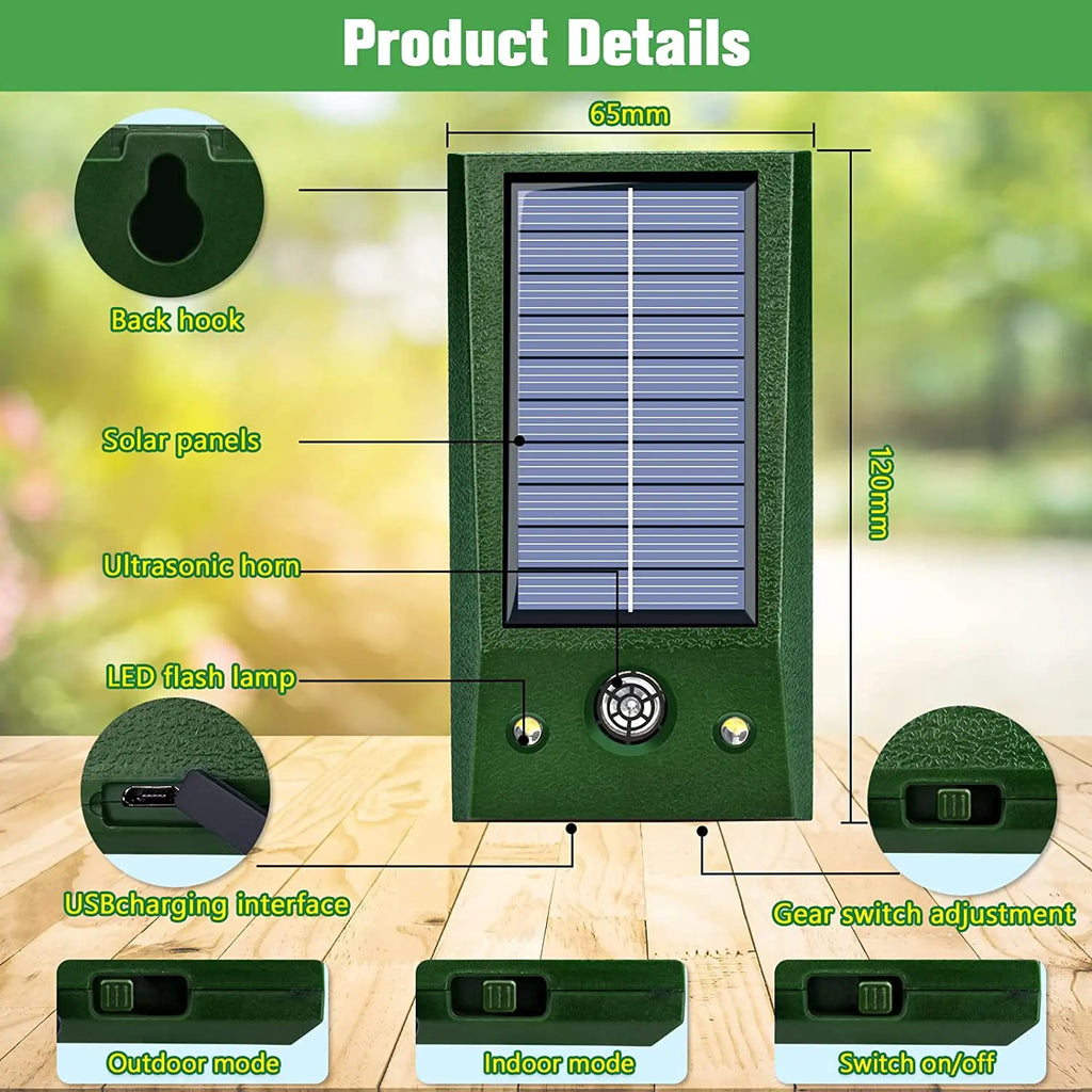 PestGuard Solar | Solar Ultraschall-Tiervertreiber | IP66 Wasserdichter Schädlingsabwehrer mit LED-Blitzlicht | Für Garten & Außenbereich