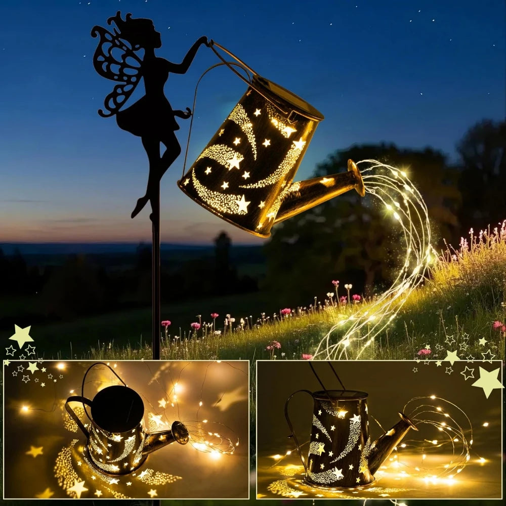 FairyGlow | Solar-Gartenleuchte Gießkanne | IP55 Wasserdicht | Metall Hängeleuchte | Outdoor Dekoration