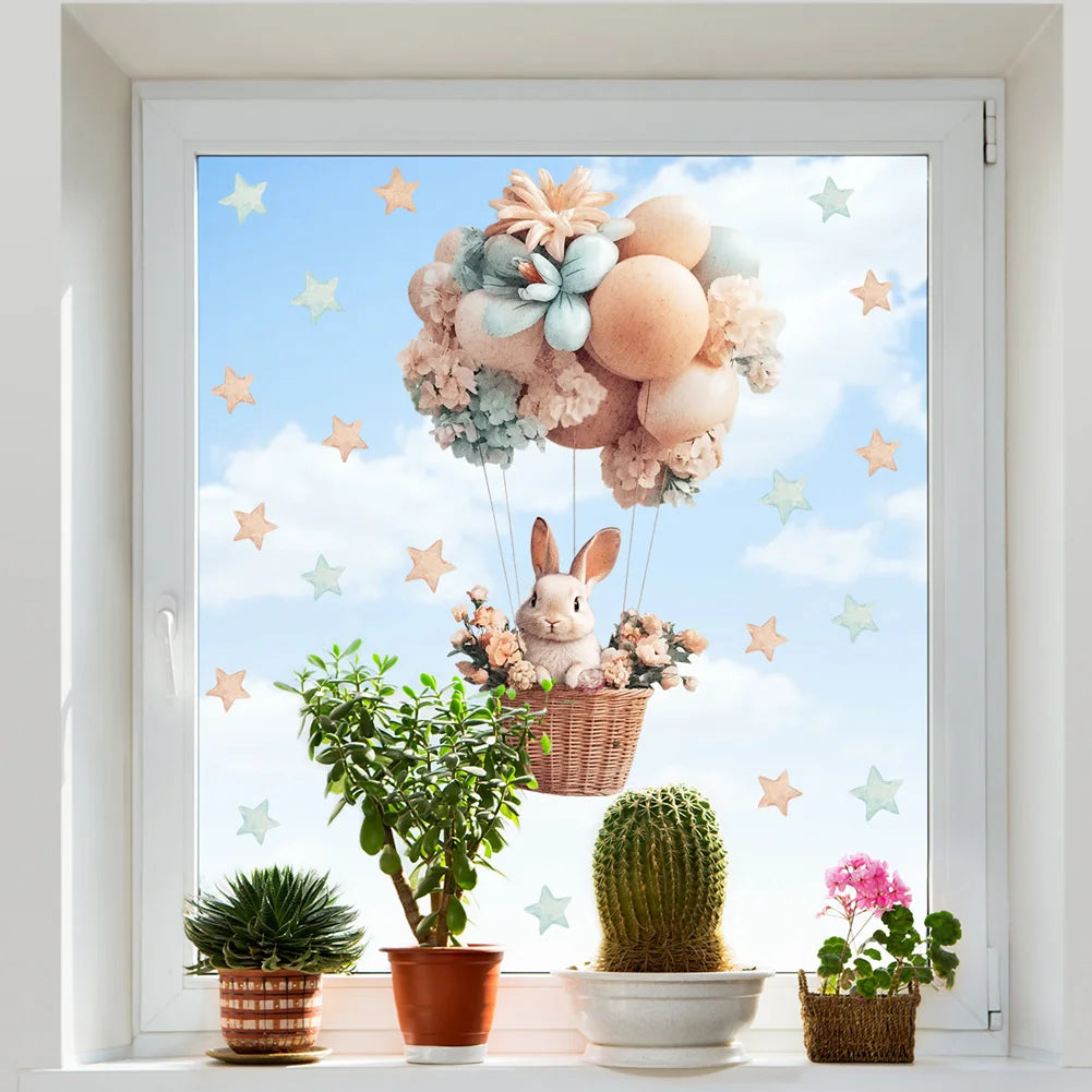 BallonHase Fenstersticker Heißluftballon | Cartoon Hase | Elektrostatik Dekoration für Glas & Türen