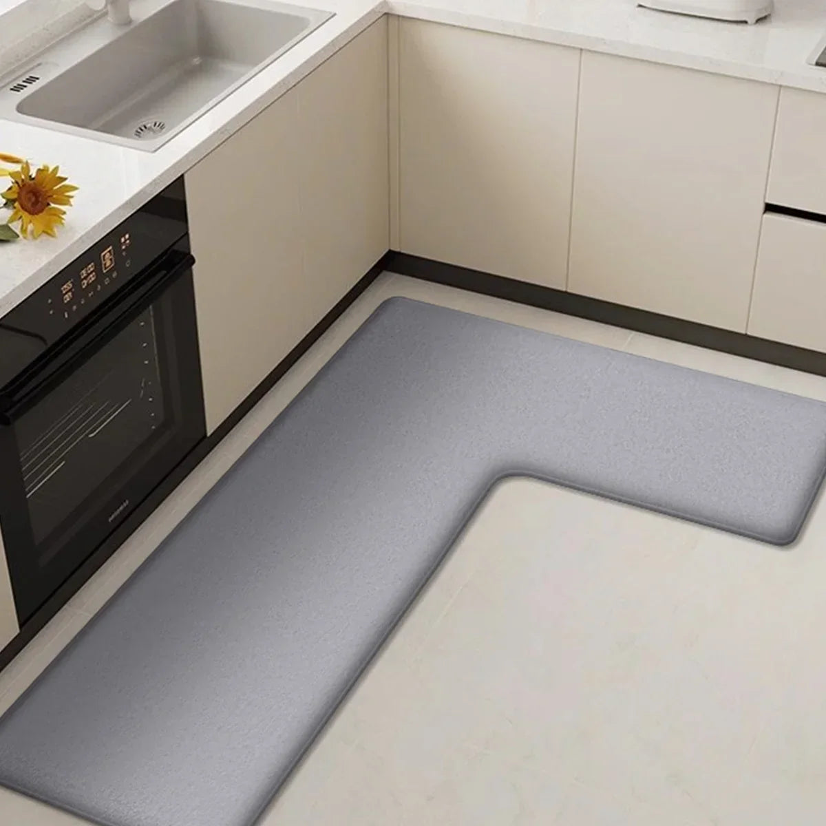 CleanLuxe Kitchen Mat | L-Shaped & Thickened | Non-Slip, Oil Absorbing & Dirt Repellent | Soft Flannel for More Comfort