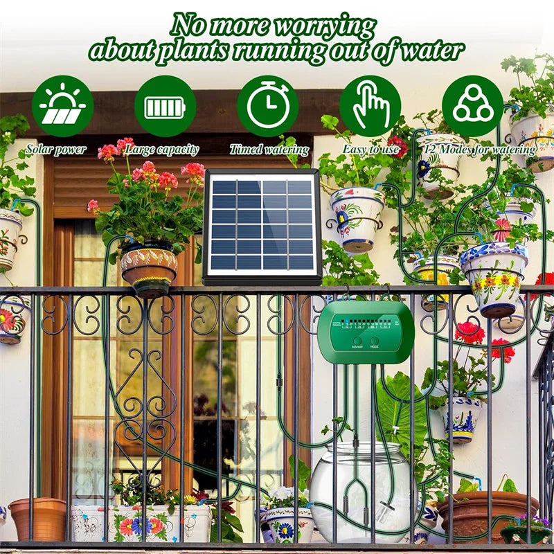 AquaSolaris Solar-Bewässerungssystem | 2W Automatische Tropfbewässerung | 12 Modi | 15 m Schlauch