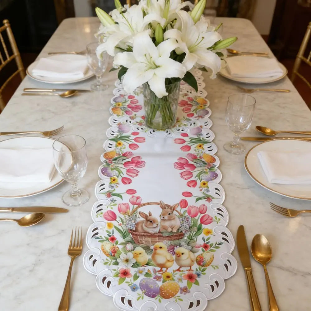 Festlina Ostern Tischläufer | Küken & Tulpen Design | Rutschfest | 177 × 38 cm | Oster Tischdeko