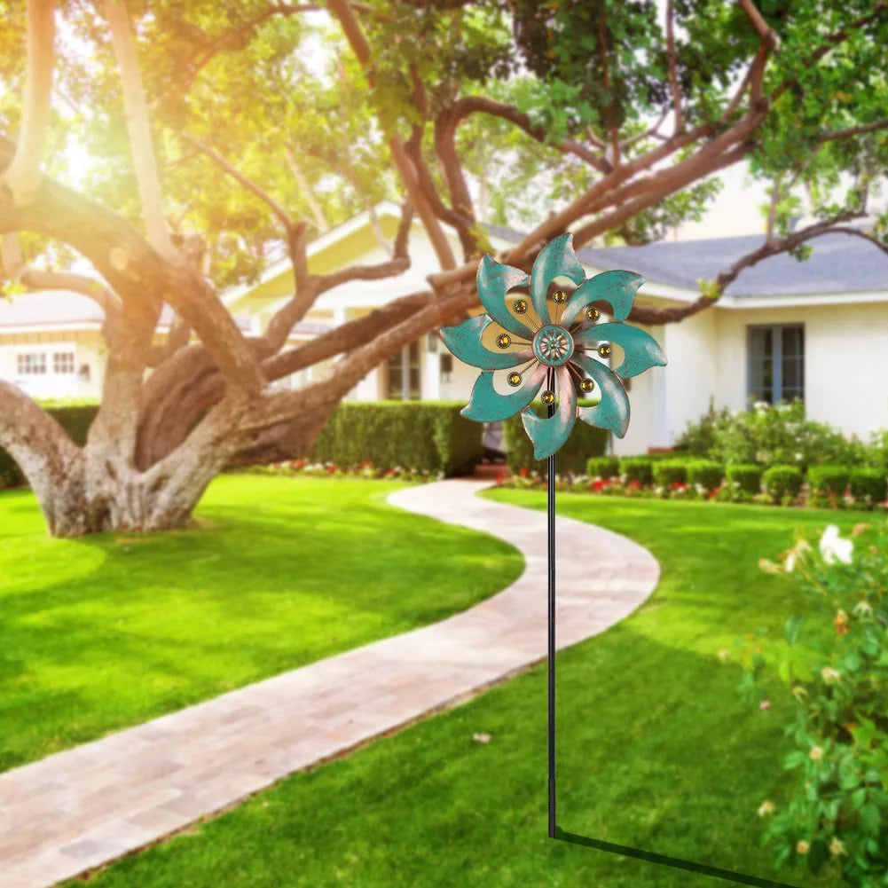 Ventoria | Windspiel mit Doppel-Windrad | Kinetische Gartenskulptur aus Metall | Wetterfeste Gartendekoration