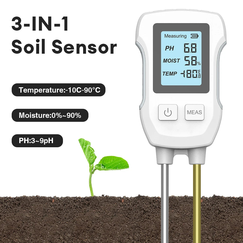 FloraSense Digitaler Bodenmessgerät 3-in-1 | pH-, Temperatur- & Feuchtigkeitsmesser | LCD Display mit Beleuchtung | 25,3 cm Sonde
