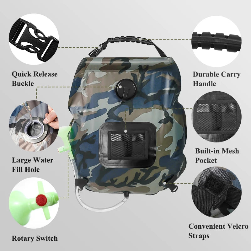 SunVareo Solar Duschbeutel 20L | Tragbare Campingdusche | Solar beheizt | Abnehmbarer Schlauch