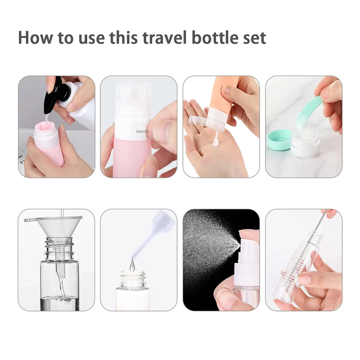 Travelloa Reiseflaschen-Set | 16-teilig | Auslaufsichere Silikonbehälter | TSA-konform