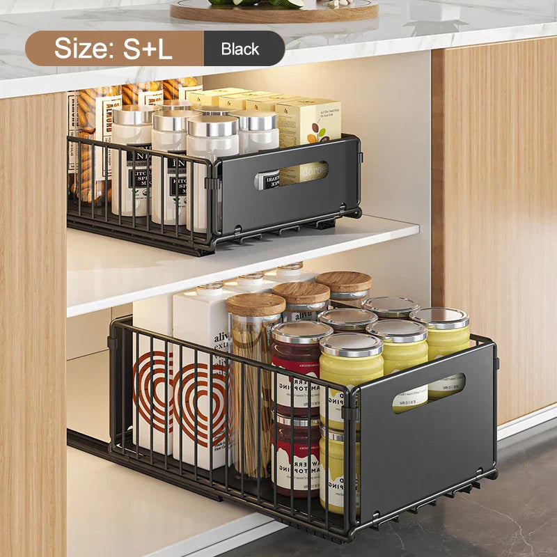 Cabinova Extendable Kitchen Shelf with Drawer | Metal Organizer for Spices & Cleaning Supplies | No Drilling Required