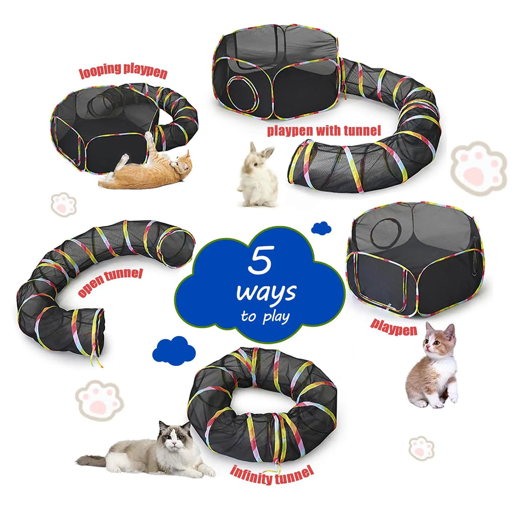 PawPatio Flex Outdoor Katzengehege mit Tunnel | Faltbares Katzenzelt aus Mesh & Oxford | Reißverschluss-Verbindung | Tragetasche | Für Katzen & Kleintiere